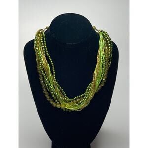 15 Strand Green Beaded Necklace, Glass Beads, Faux Pearls, 18" Length